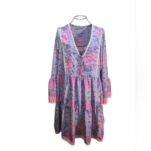 Boho Paisley V-Neck Shift Dress in Pink & Lavender Size M/L